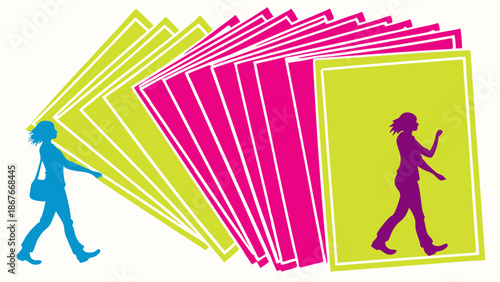 Woman Silhouette Walking Past Stack of Green and Magenta Cards Representing Options Choices and Data Selection Process.