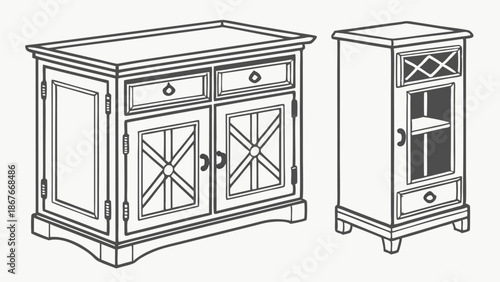 Rustic Farmhouse Furniture Outline Drawing Sideboard and Accent Cabinet Vector Illustration for Interior Design and Home Decor Catalog