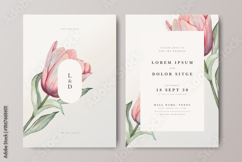 Tulip flower watercolor wedding invitation card set template

