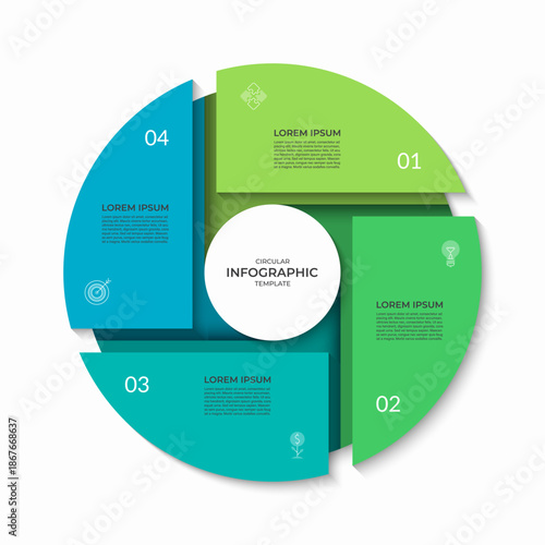 Infographic circle divided into 4 segments. Cycle diagram with four steps. Can be used for business presentation, report, brochure, data visualization, marketing materials. Vector illustration.