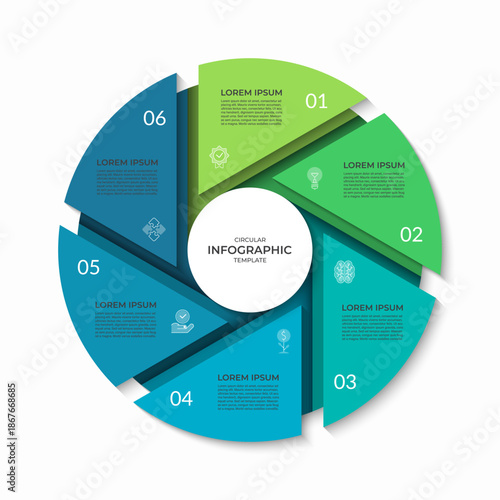 Infographic circle divided into 6 segments. Cycle diagram with six steps. Can be used for business presentation, report, brochure, data visualization, marketing materials. Vector illustration.