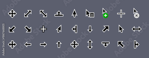 Black and white mouse cursor icon set, UI navigation pointers collection, Operating system computer arrow symbols, Desktop interface directional graphics, Vector cursor pack