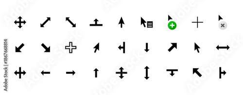 Solid black mouse cursor icon set, UI navigation pointers collection, Operating system computer arrow symbols, Desktop interface directional graphics, Vector cursor pack