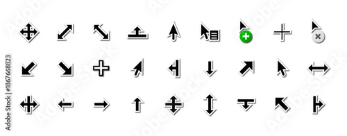 Black and white mouse cursor icon set with drop shadows, UI navigation pointers collection, Operating system computer arrow symbols, Desktop interface directional graphics, Vector cursor pack