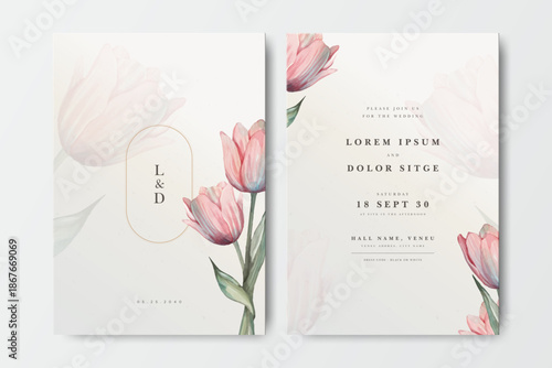 Tulip flower watercolor wedding invitation card set template

