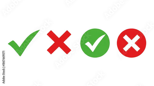 Set of green check marks and red x signs in various styles on transparent background