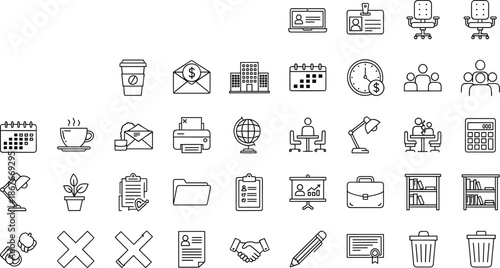 
Workspace office line icons set, business tools, productivity equipment outline vector collection