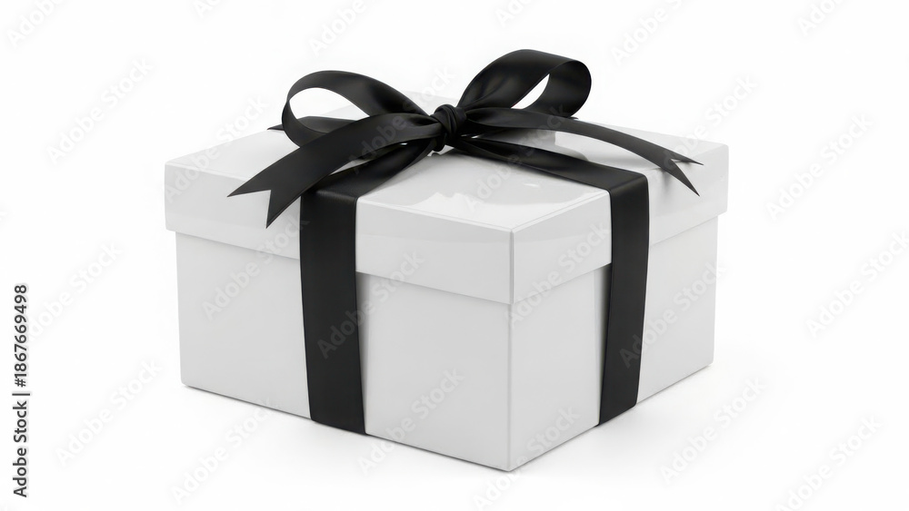 Obraz premium Elegant white gift box with black ribbon, isolated on transparent background