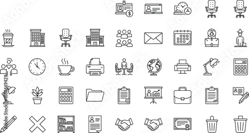 Office workspace line icons set, business management tools, modern outline vector collection