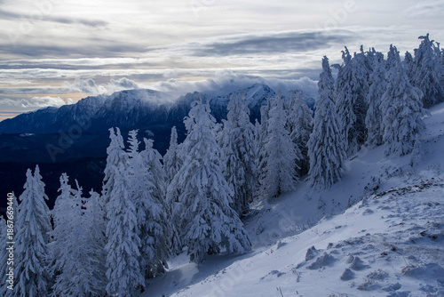 snow covered mountains, Postavaru Mountains, Romania 