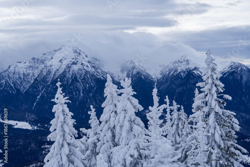 snow covered mountains, Bucegi Mountains, view from Postavaru Mountains, Romania 