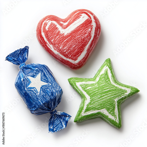 Hand-drawn colorful candies in heart, star, and wrapped shapes – sketch sweet treats illustration