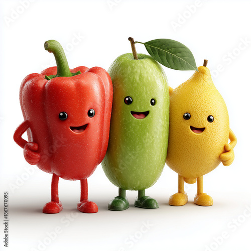 Cute cartoon lemon, bell pepper, and mango with smiling faces and arms – fun healthy food characters