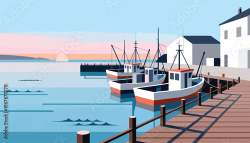 Calm harbor with docked fishing boats and coastal buildings at sunset