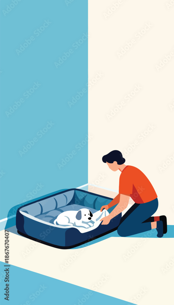 Fototapeta premium Person tucking a white dog into a cozy blue dog bed