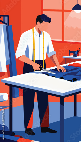 Tailor cutting fabric on a table with a sewing machine in background