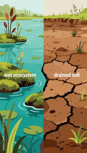 Side-by-side view of a lush, wet ecosystem and parched, cracked, drained soil