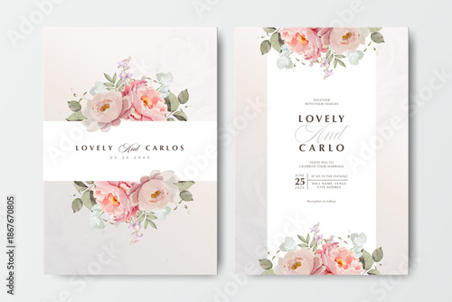Beautiful wedding invitation card with partition peonies flowers

