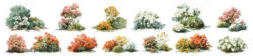 Flower bushes shrub landscaping gardening elements in various colors and shapes watercolor set isolated on transparent background
