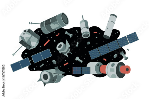 An illustration of various satellites and spacecraft components in orbit around Earth.