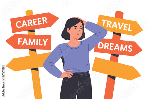 A young woman stands confused in front of multiple signposts with words like career, family, travel, and dreams.