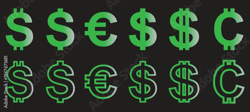 A collection of green glowing and outline currency symbols including dollar, euro, and cent on a dark background
