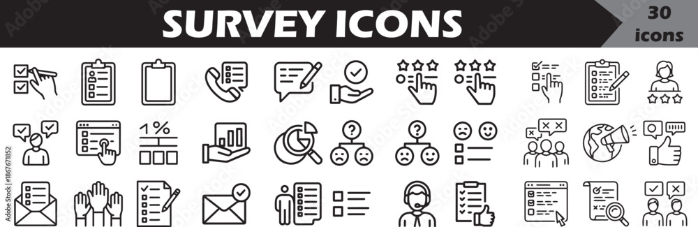 Φωτογραφία survey icon set, feedback icon, communication, research UI,  checklist and chart