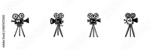 Vintage Film Camera Icons In Hand Drawn Style Set. Cinematic Equipment, Filmmaking, Movie Production Doodle Sketch Collection. Retro Cinema Tools. Isolated Vector Illustration