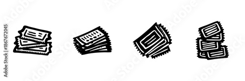 Stacked Tickets In Hand Drawn Style Set. Event Admission, Concert, Movie, And Travel Pass Doodle Sketch Collection. Entertainment And Leisure. Isolated Vector Illustration