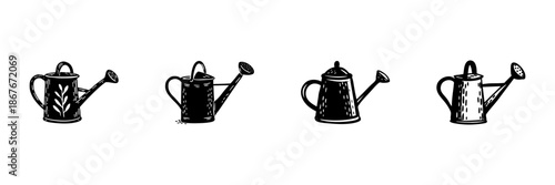 Watering Cans In Hand Drawn Style Set. Gardening Tools, Plant Care, Horticulture Doodle Sketch Collection. Vintage Garden Equipment. Isolated Vector Illustration