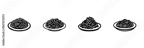Plates Of Spaghetti In Hand Drawn Style Set. Italian Cuisine, Pasta Dish, Culinary Art Doodle Sketch Collection. Food Illustration, Restaurant Menu Design. Isolated Vector Illustration