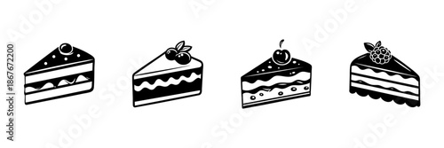 Cake Slice Icons In Hand Drawn Style Set. Dessert Variety, Sweet Treats, Bakery Doodle Sketch Collection. Confectionery Art, Pastry Illustration. Isolated Vector Illustration