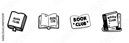 Book Club Icons In Hand Drawn Style Set. Reading Community, Literary Discussion, Social Gathering Doodle Sketch Collection. Book Enthusiast Symbols. Isolated Vector Illustration