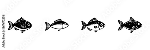 Four Fish Illustrations In Hand Drawn Style Set. Marine Life, Aquatic Creatures, Ocean Wildlife Doodle Sketch Collection. Nautical Theme, Sea Animals. Isolated Vector Illustration