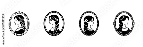 Silhouette Portraits Of Women In Hand Drawn Style Set. Vintage Elegance, Feminine Beauty, Classic Cameo Doodle Sketch Collection. Floral Accents, Braided Hair. Isolated Vector Illustration