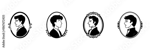 Silhouette Portraits Of Men In Hand Drawn Style Set. Vintage Cameo Profile Illustrations Doodle Sketch Collection. Elegant Floral Frame Design. Isolated Vector Illustration