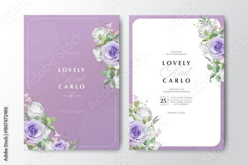 beautiful roses flower wedding invitation card with purple background


