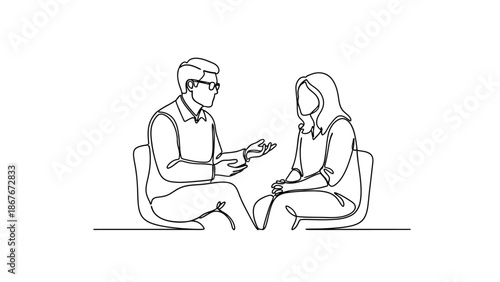 A continuous line drawing of a man and woman in a conversation