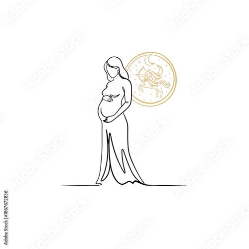 Minimalist continuous line art illustration of a pregnant woman with gold celestial Sagittarius archer centaur emblem and moon.