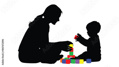 A silhouette of a mother and child playing with colorful building blocks
