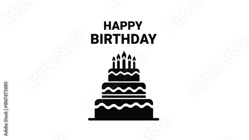 A simple black and white graphic showing a birthday cake and text