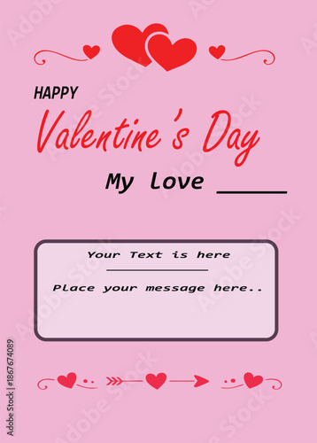 Adorable printable valentine's day greeting card template featuring happy message space and charming red heart decorations