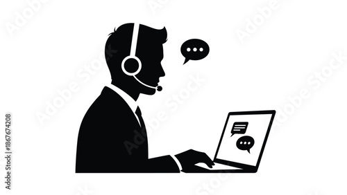 Customer support representative using a laptop with headset and speech bubbles
