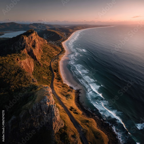 Coastal Serenity: An aerial view captures a breathtaking coastal scene, where a rugged mountain gracefully meets the ocean, with the sun casting a warm glow on the pristine beach.