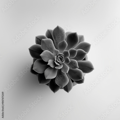 Succulent in black and white minimalism from top view on solid background.
