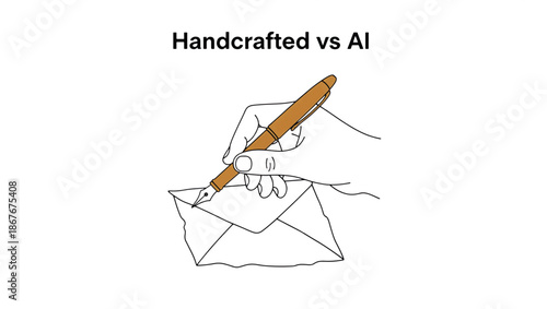 Handcrafted vs AI concept illustration. Hand holding fountain pen writing on envelope. Minimalist line art vector graphic isolated on white background