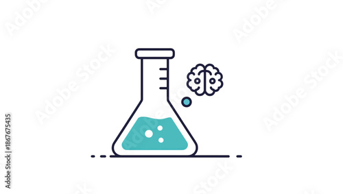 Science and research concept with brain and laboratory flask. Minimalist line art vector illustration. Innovation and intelligence symbol isolated on white background