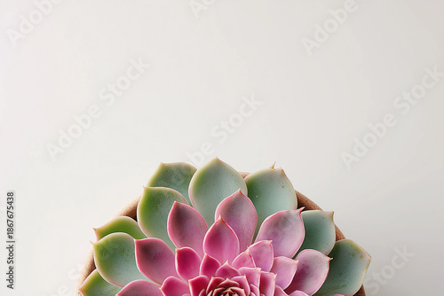 Pink and green succulent isolated on white background with soft shadows.
