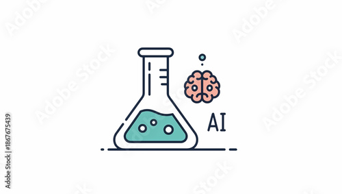 Artificial intelligence in science and laboratory research. Flat line art vector illustration of an Erlenmeyer flask and brain icon. Minimalist design isolated on white background
