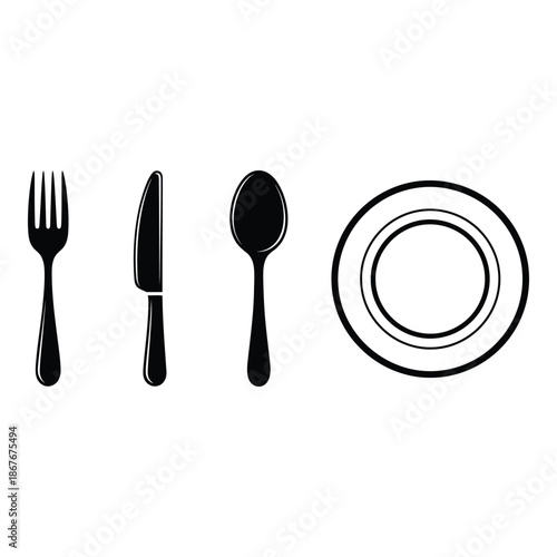 Simple black and white illustration of a plate fork knife and spoon